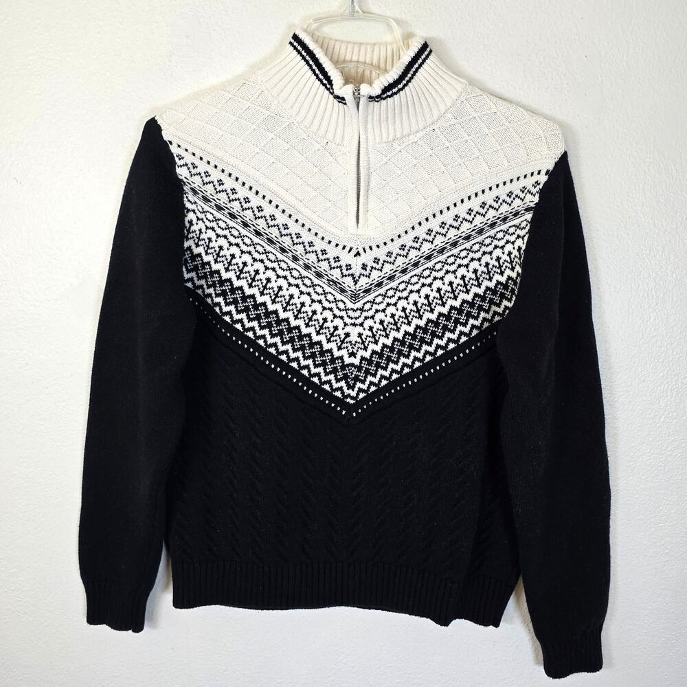 Talbots Sweater Women's MP Cream Black Fair Isle 1/4 Zip Nordic Winter Wardrobe